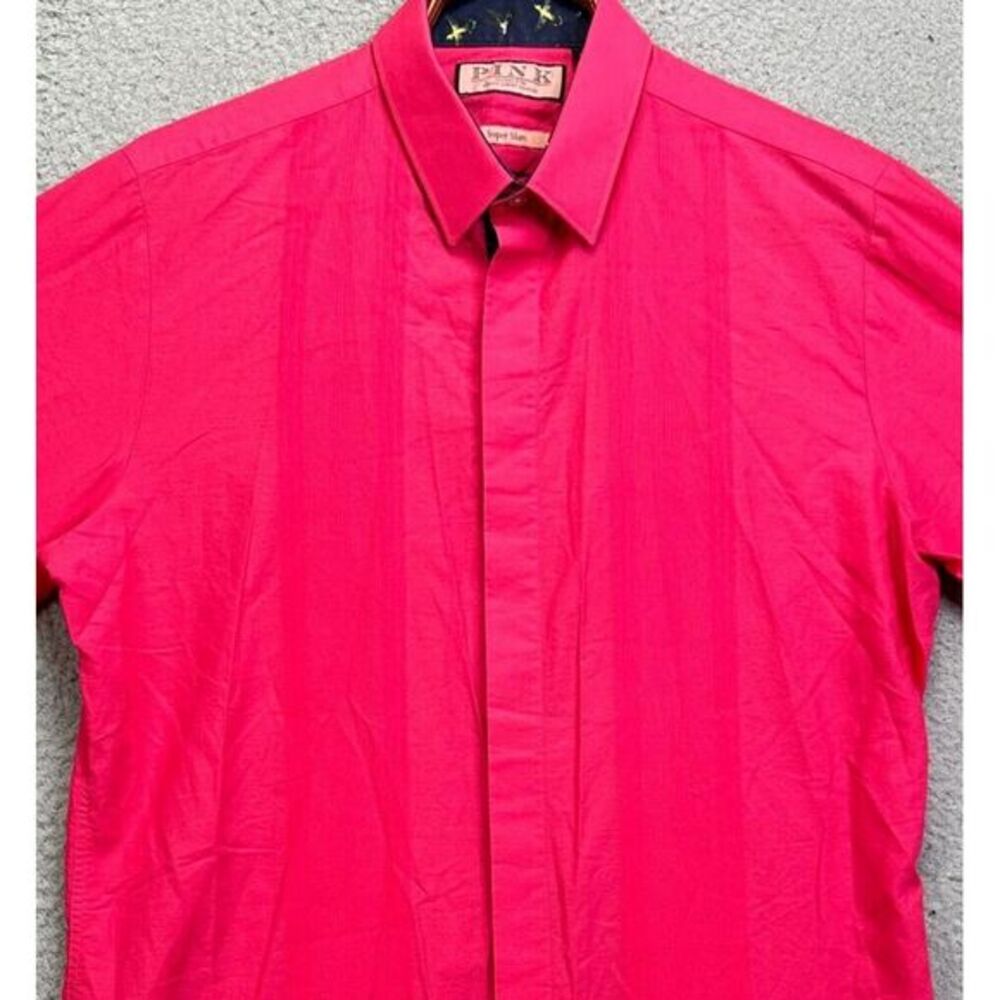 PINK‎ Shirt Adult 16-41 Pink Cotton Dress Super Slim Button Up Long Sleeve Mens